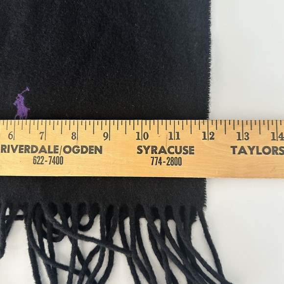 Polo Ralph Lauren Scarf Unisex Black Lambswool Purple Pony Fringe Italy Luxury - Picture 9 of 9